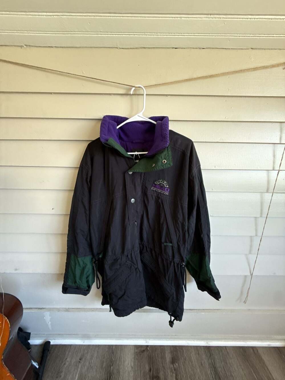Vintage Head Exploration Black Ski Jacket Windbreaker Parka with Purple Fleece M